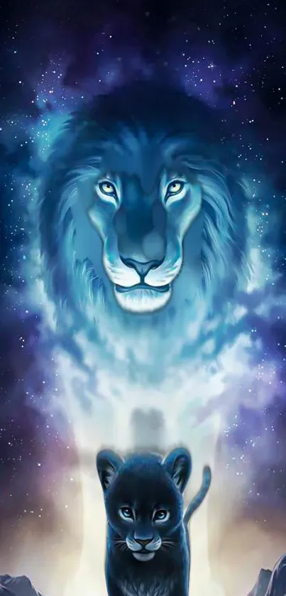 Celestial lion face against a starry blue night sky.