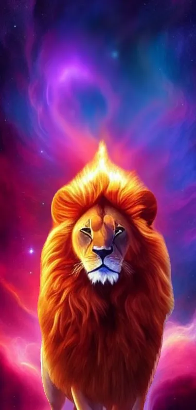 Majestic lion with cosmic vibrant background wallpaper.