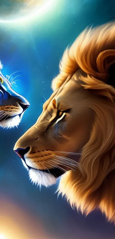 Two majestic lions face each other in a cosmic scene with a celestial background.