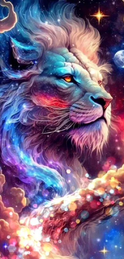 Majestic cosmic lion with galaxy background.