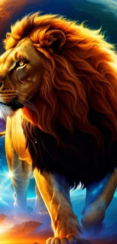 Majestic lion with cosmic background, vibrant celestial scenery, mobile wallpaper.