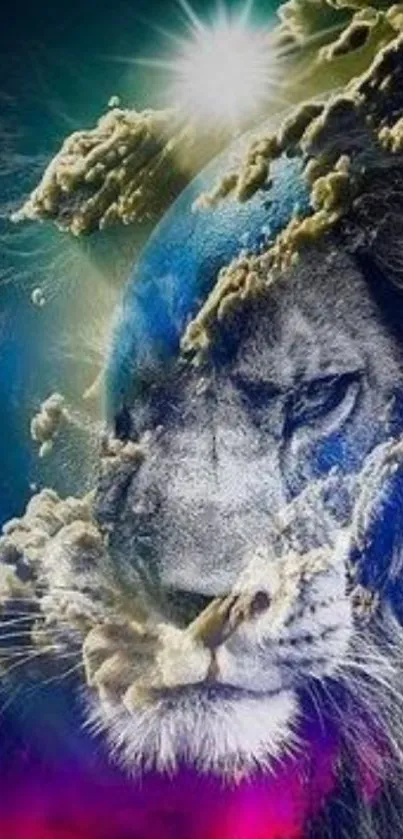 Majestic lion with cosmic and nature elements.