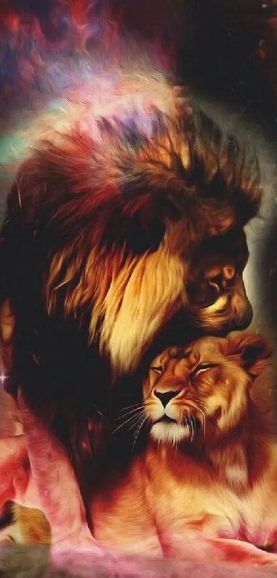 Majestic lion couple in vibrant art.