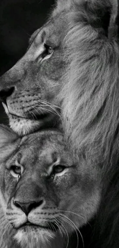 Black and white lion couple in a serene portrait.