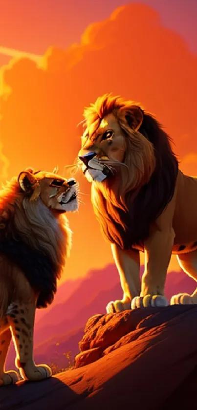 Lion couple standing under a vibrant orange sunset.