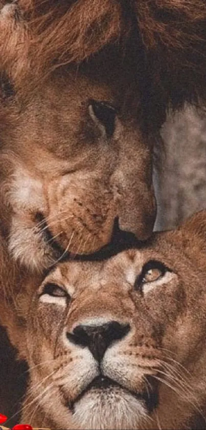 Lion couple in a loving embrace, brown tones dominate.