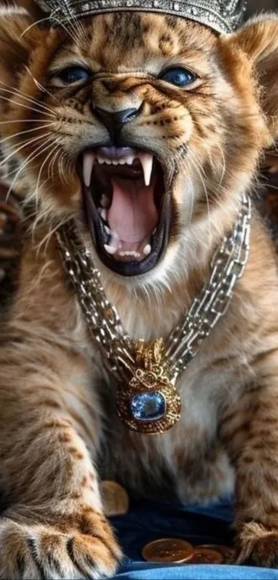 Roaring lion cub with crown and necklace.