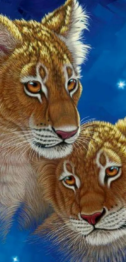 Artistic mobile wallpaper of two lion cubs with a starry blue background.