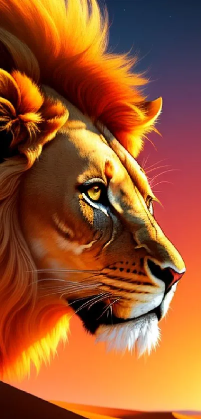 Lion's profile against a desert sunset with vibrant orange and red hues.