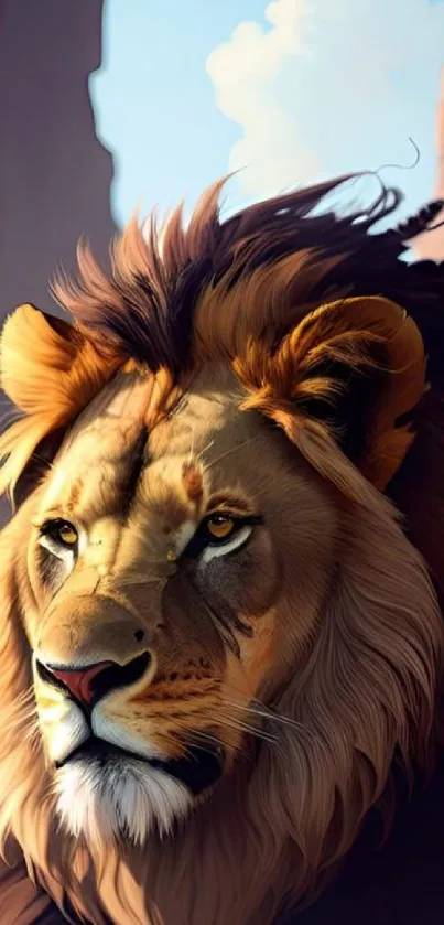 Lion in sunlit desert setting mobile wallpaper.