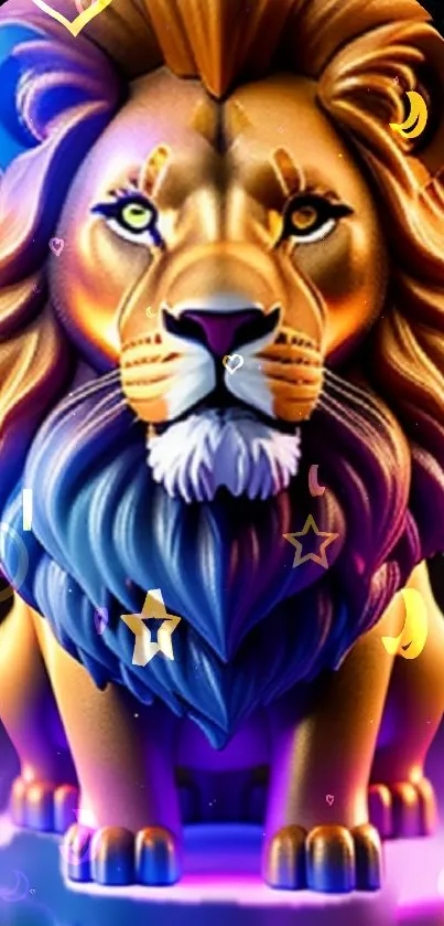 Golden and violet lion digital art with vibrant glowing effects.