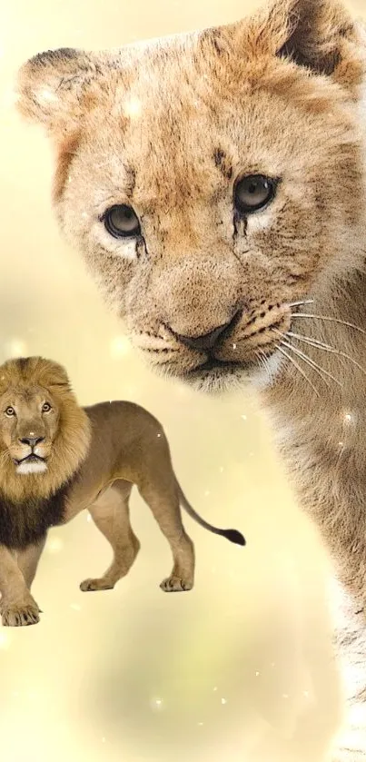 Two majestic lions in a golden background, perfect for mobile wallpaper.