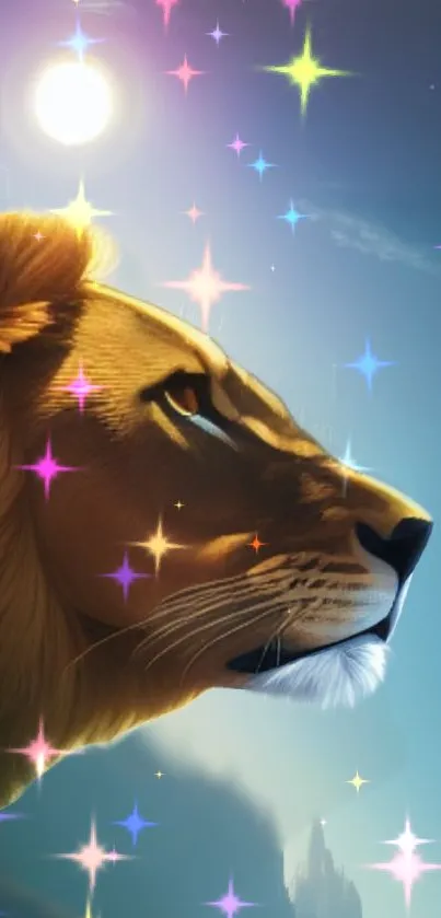 Majestic lion under a starry night sky with colorful stars.