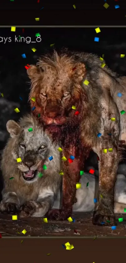 Two majestic lions amid confetti on a dark background.