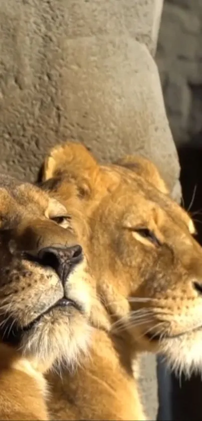 Two majestic lions basking in soft sunlight.