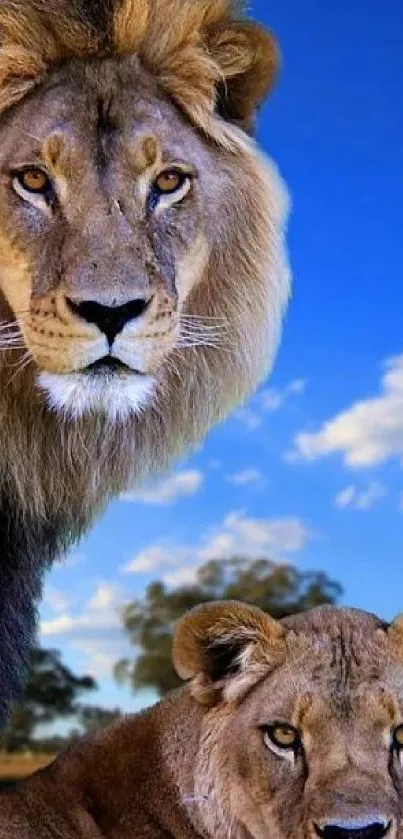 Majestic lion pair with a bright blue sky backdrop.