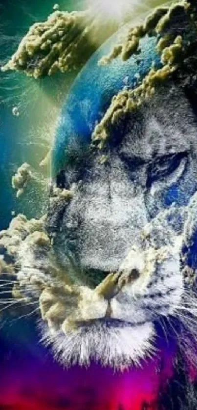 Majestic lion merged with Earth and cosmic elements in vibrant artwork.