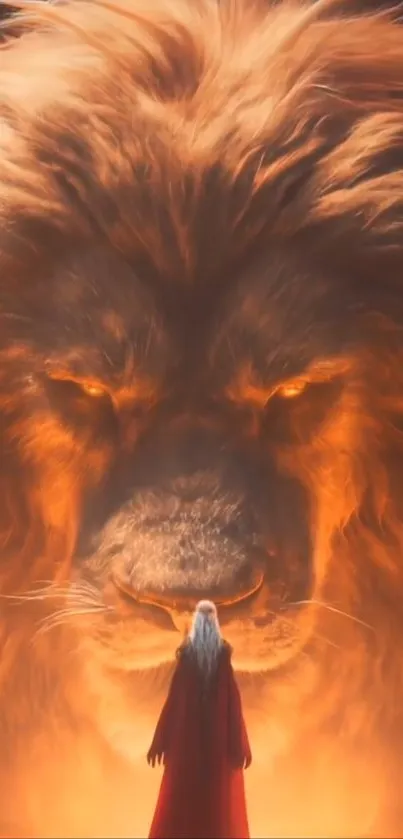 Lion face with mysterious figure in awe-inspiring encounter.