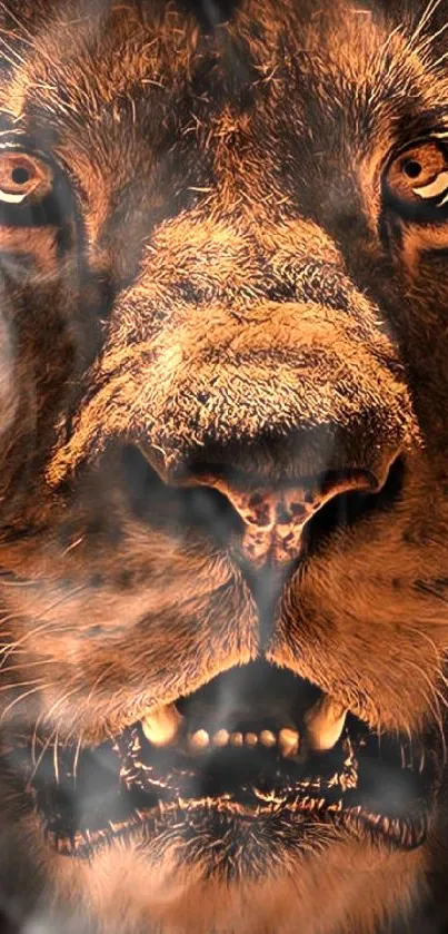 Close-up of a majestic lion's face with intense eyes on a dark background.