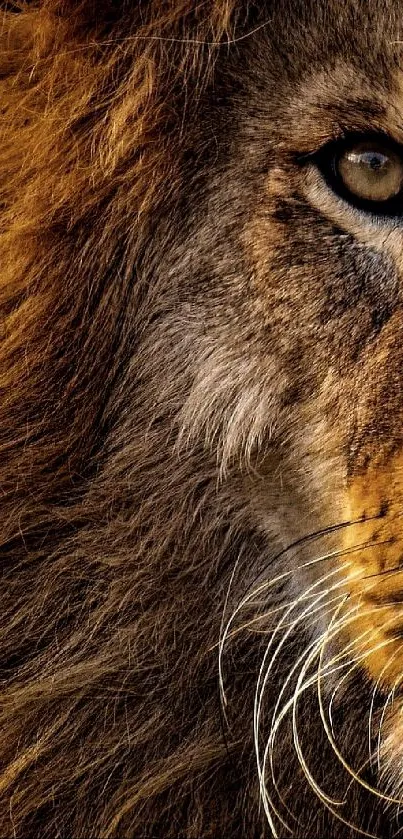 Close-up of a majestic lion face with golden mane for mobile wallpaper.