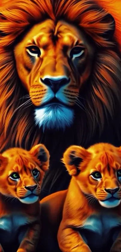 Illustrated lion family with cubs on a vibrant orange background.