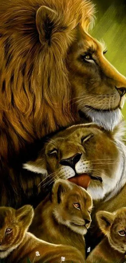 Majestic lion family resting in serene natural setting wallpaper.