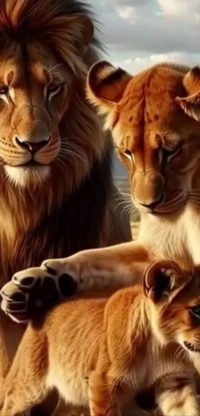 Lion family portrait with majestic scenery.