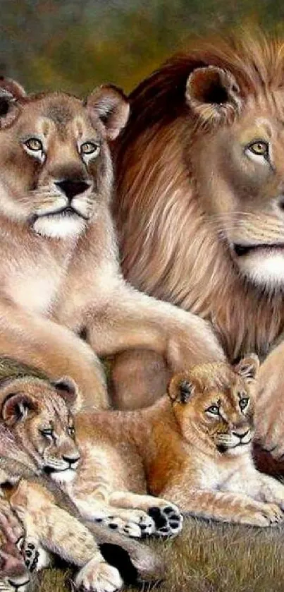 Lion family portrait in a natural setting.