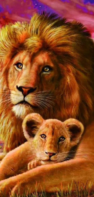 Lion family under a mystical, vivid sky on a phone wallpaper.