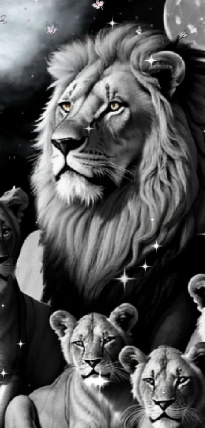 Lion family with moons in grayscale artwork.