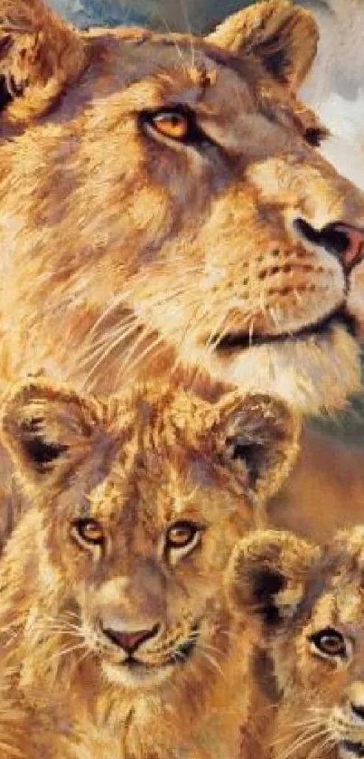 Artistic depiction of a lion family in a natural setting.