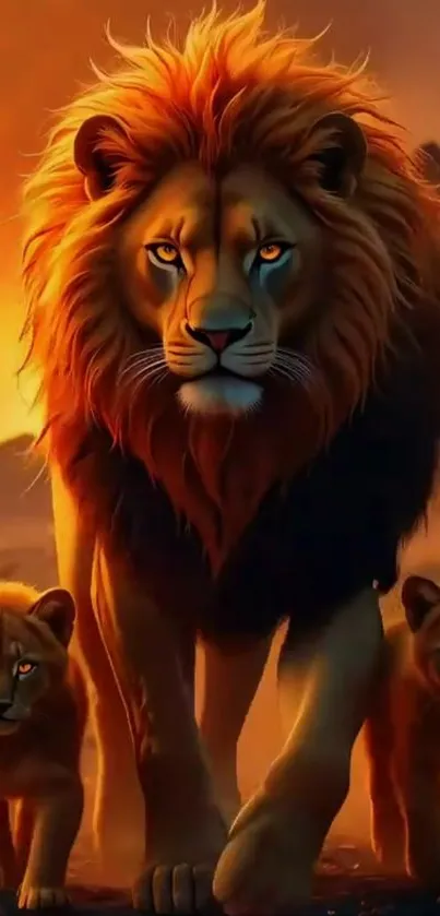 Majestic lion with cubs on a fiery backdrop