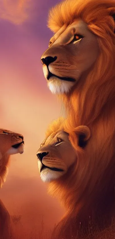 Majestic lion family at sunset in vibrant wallpaper.