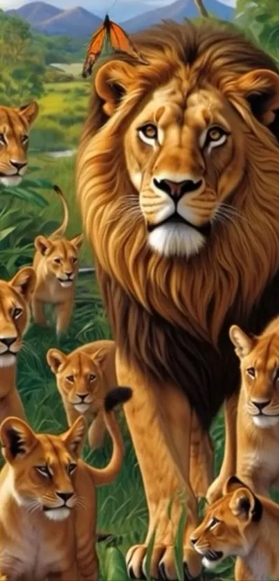 Illustration of a lion pride in jungle setting with lush greenery.