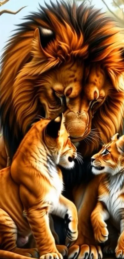 Majestic lion with two cubs in nature.