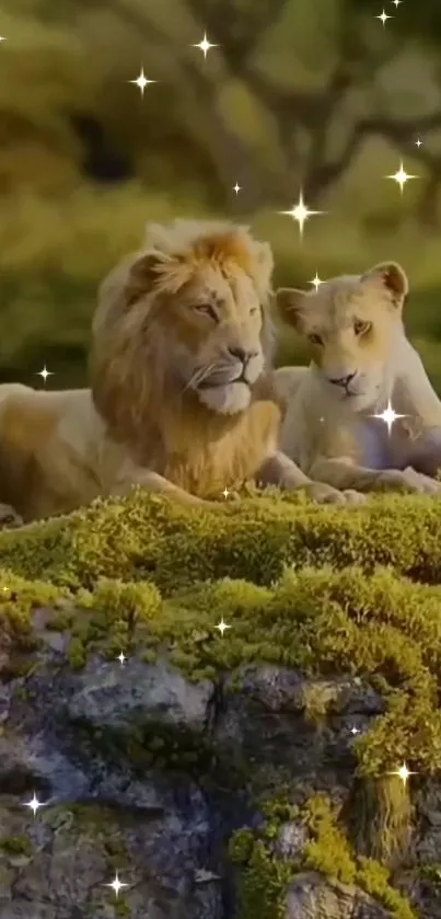 Lion family resting on moss with sparkling effects.