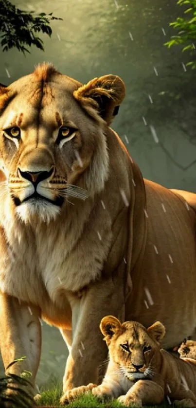 Majestic lion family in lush jungle scenery on mobile wallpaper.