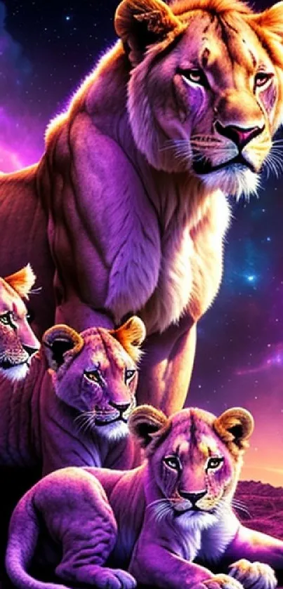 Majestic lion family under a vibrant galaxy sky.
