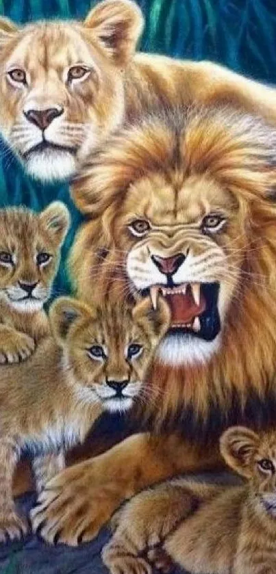 Majestic lion family in jungle scene mobile wallpaper.