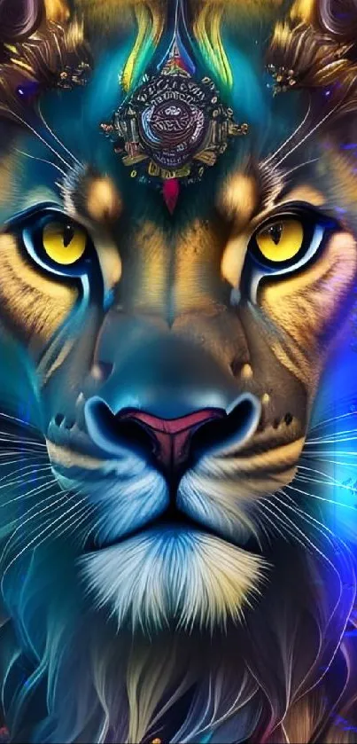 A vibrant fantasy art depiction of a majestic lion with colorful details.
