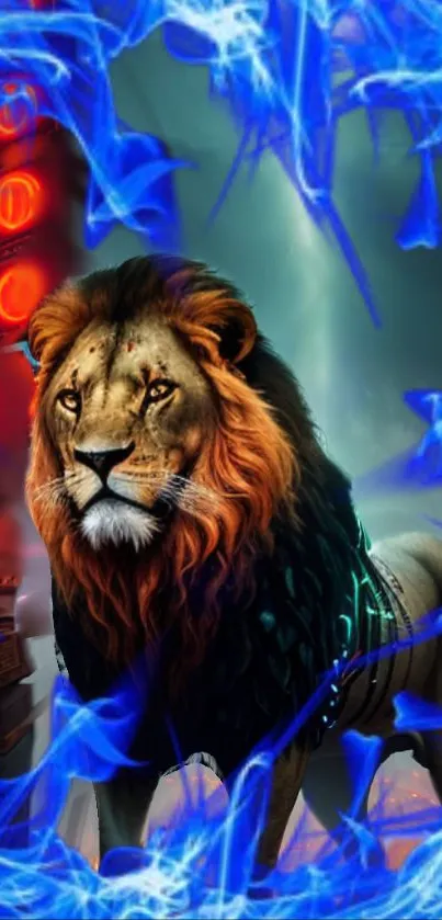 Blue aura lion fantasy wallpaper with vibrant colors and neon effects.