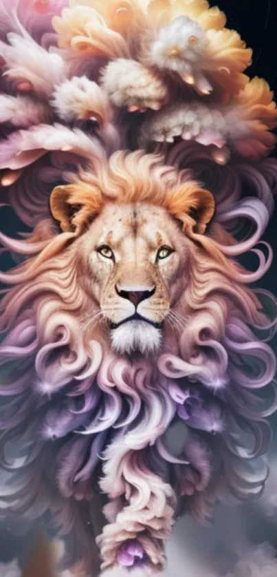 Majestic lion surrounded by ethereal clouds in fantasy art wallpaper.