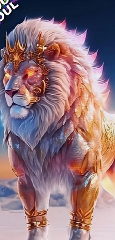 Majestic lion with a glowing crown in a fantasy setting, perfect for phone wallpaper.