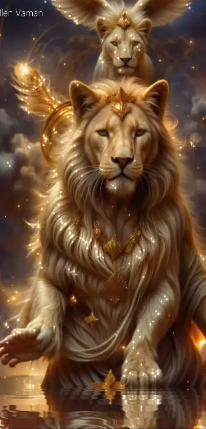 Fantasy art of a majestic lion with golden tones and ethereal background clouds.