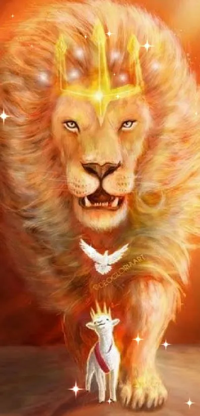 Majestic lion with glowing crown in fiery fantasy scene.