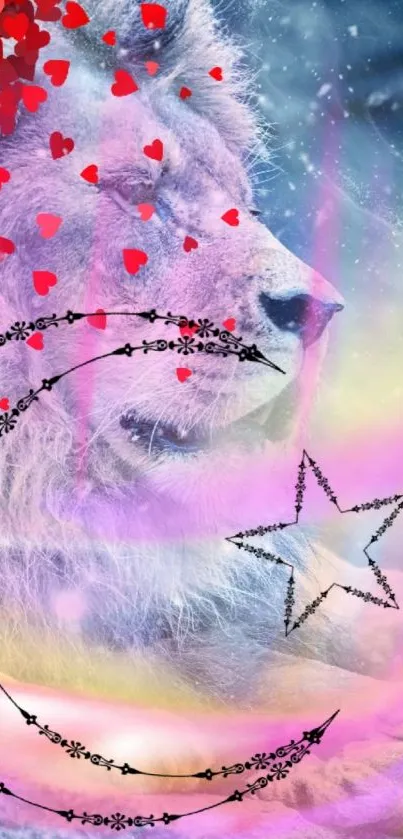 Lion with colorful hearts and moon in fantasy wallpaper.