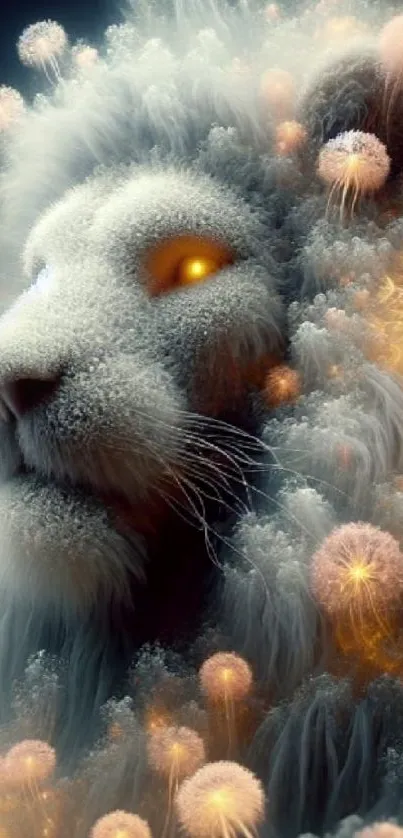 Fantasy artwork of a majestic lion with glowing orbs.