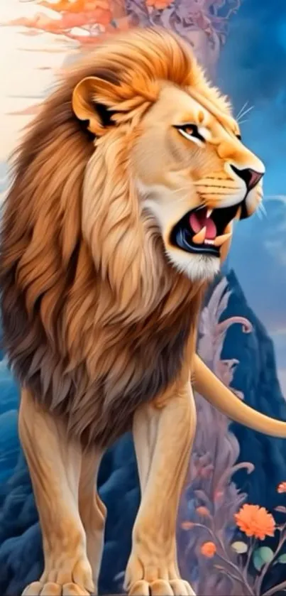 Lion in a vibrant fantasy landscape