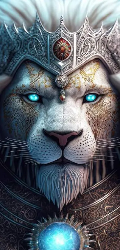 Fantasy lion with crown and glowing aura.