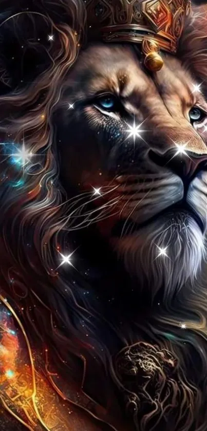 Majestic lion fantasy art wallpaper with stars and vibrant colors.